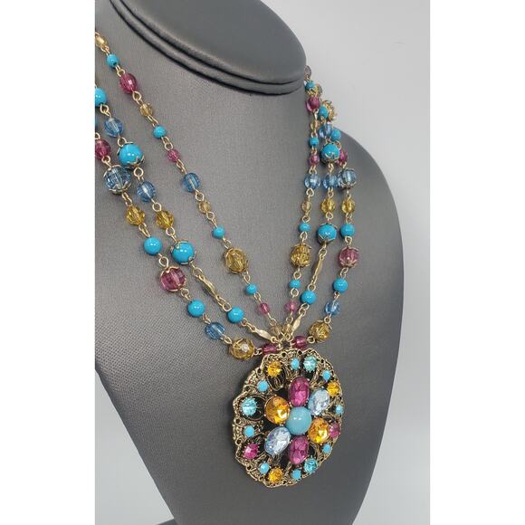 Vintage Triple Strand Medallion Statement Necklace and Stretch Bracelet Set  NOS - Picture 4 of 8